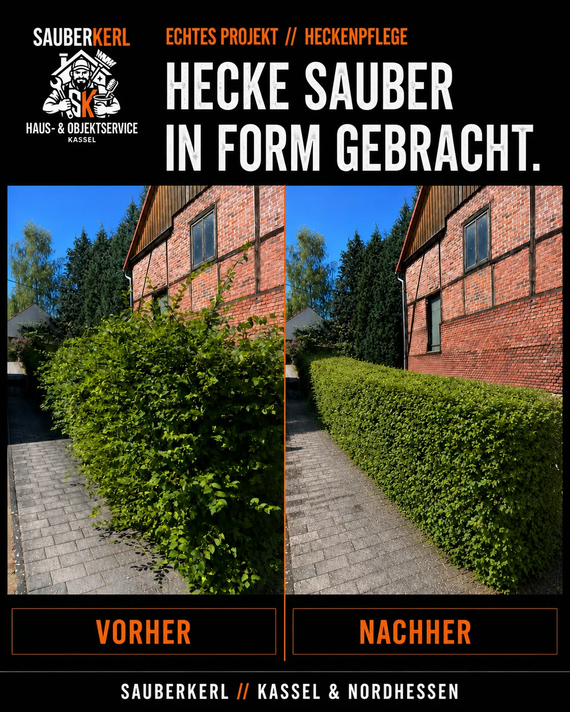 Hecke vor und nach dem Heckenschnitt durch Sauberkerl