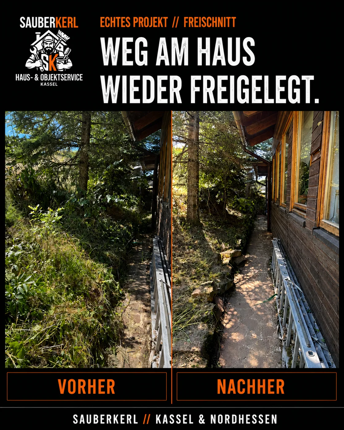 Überwachsener Weg am Haus vor und nach dem Freischnitt durch Sauberkerl